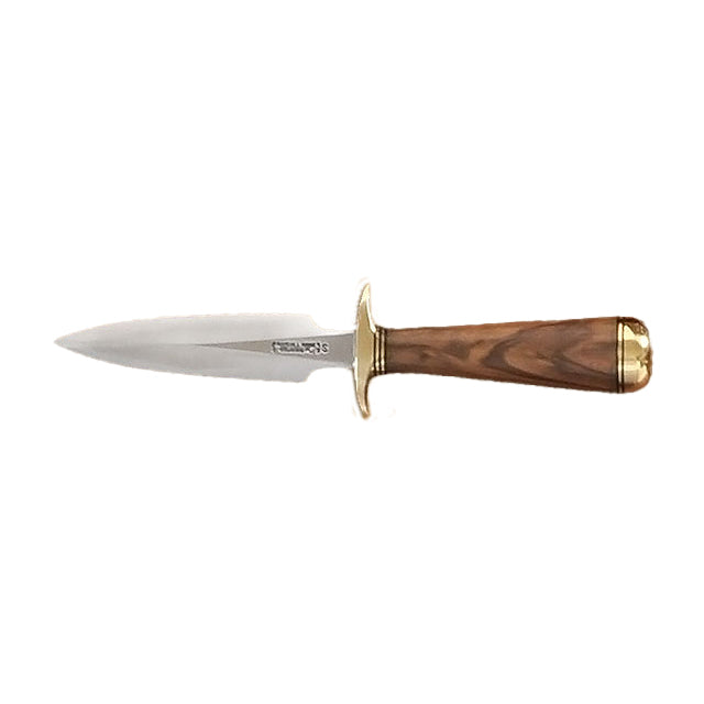 RandallMade Model 2-4" in stainless steel with brass and black spacers, concave-shaped walnut handle with domed brass butt cap.